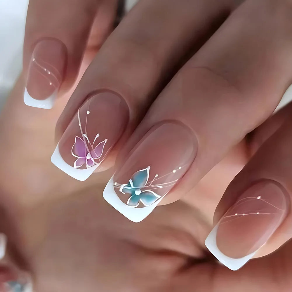 Press-On Nails 24pc — Short French Floral & Butterfly Set