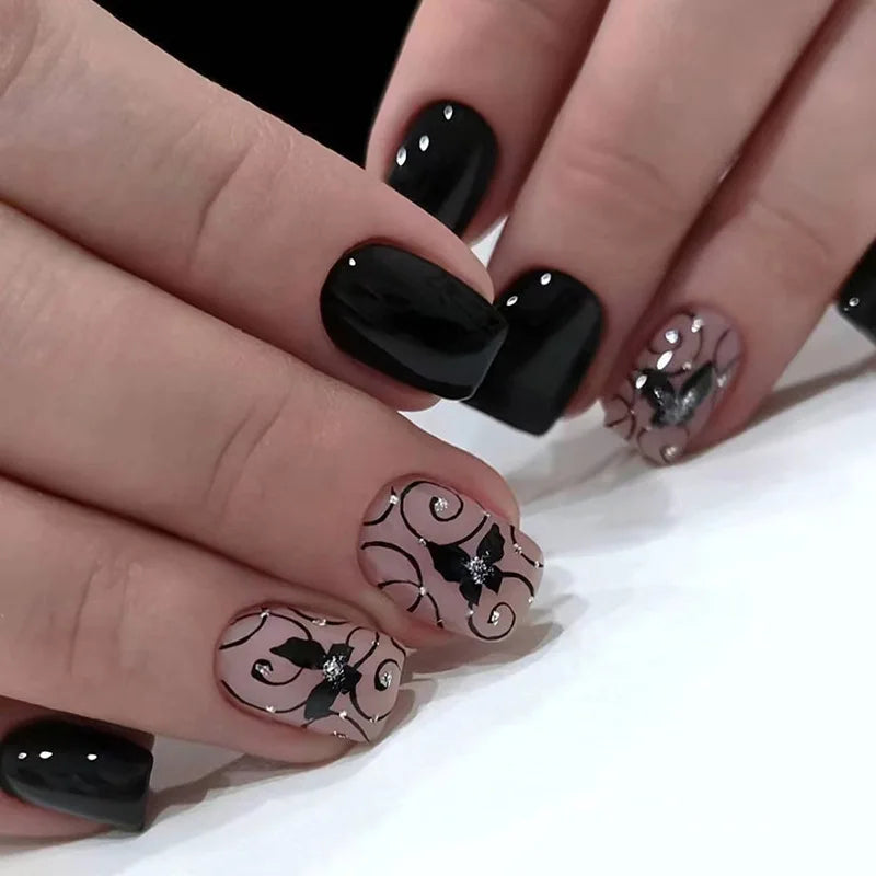 Press-On Nails 24pc — Short French Floral & Butterfly Set