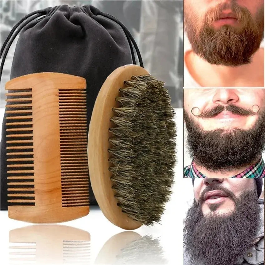Beard Grooming Kit — Boar Bristle Brush, Comb & Gift Bag