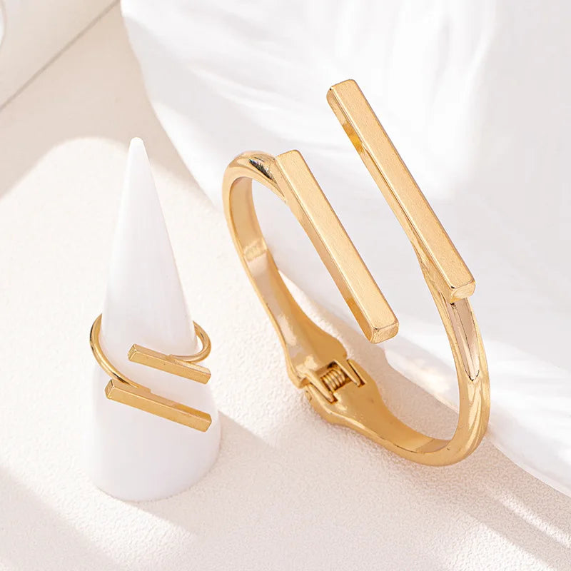 Geometric Bangle & Open Ring Set — Adjustable Gold Tone