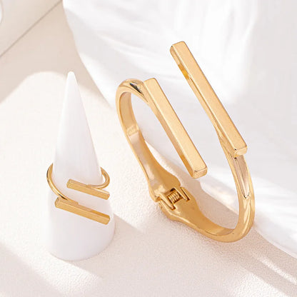 Geometric Bangle & Open Ring Set — Adjustable Gold Tone