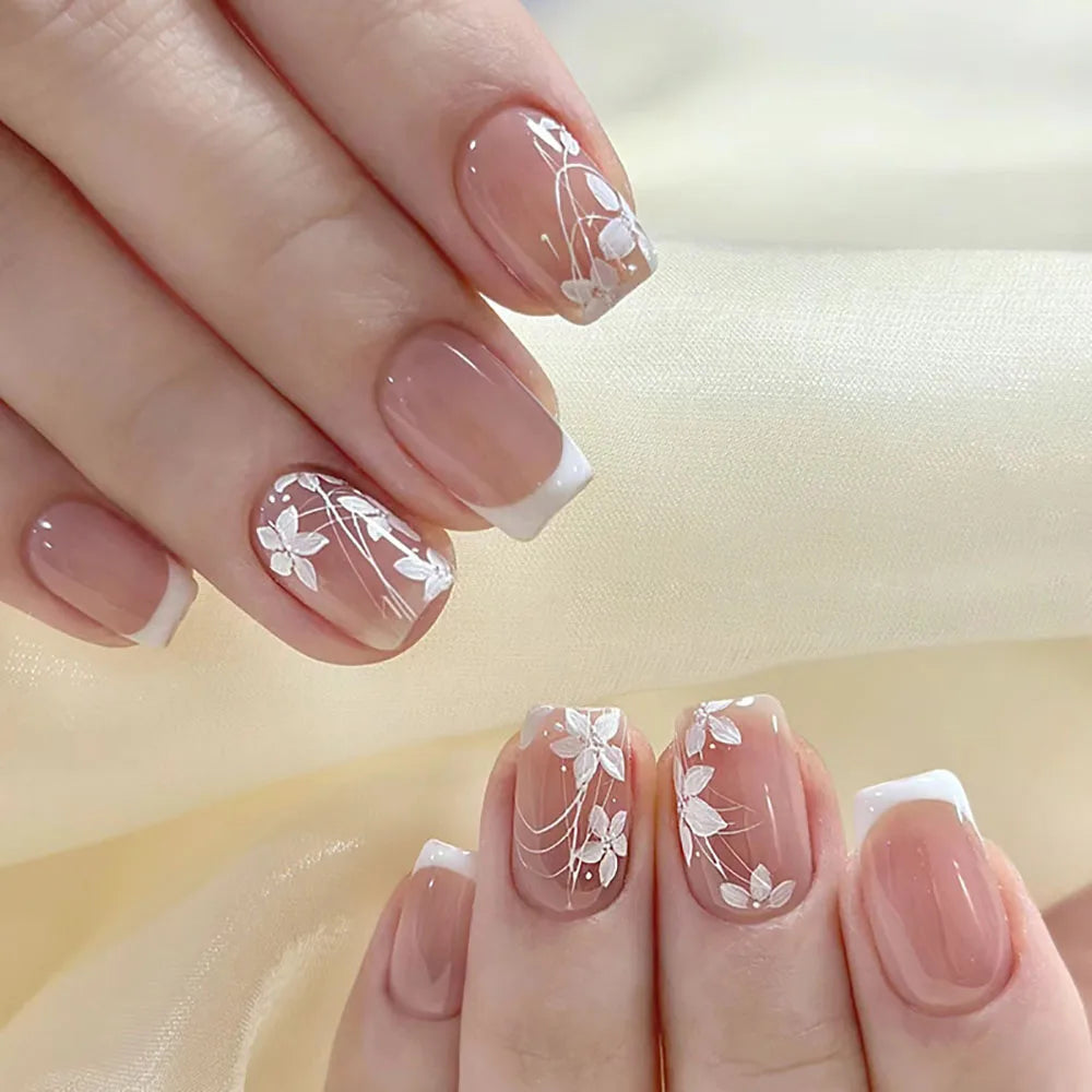 Press-On Nails 24pc — Short French Floral & Butterfly Set