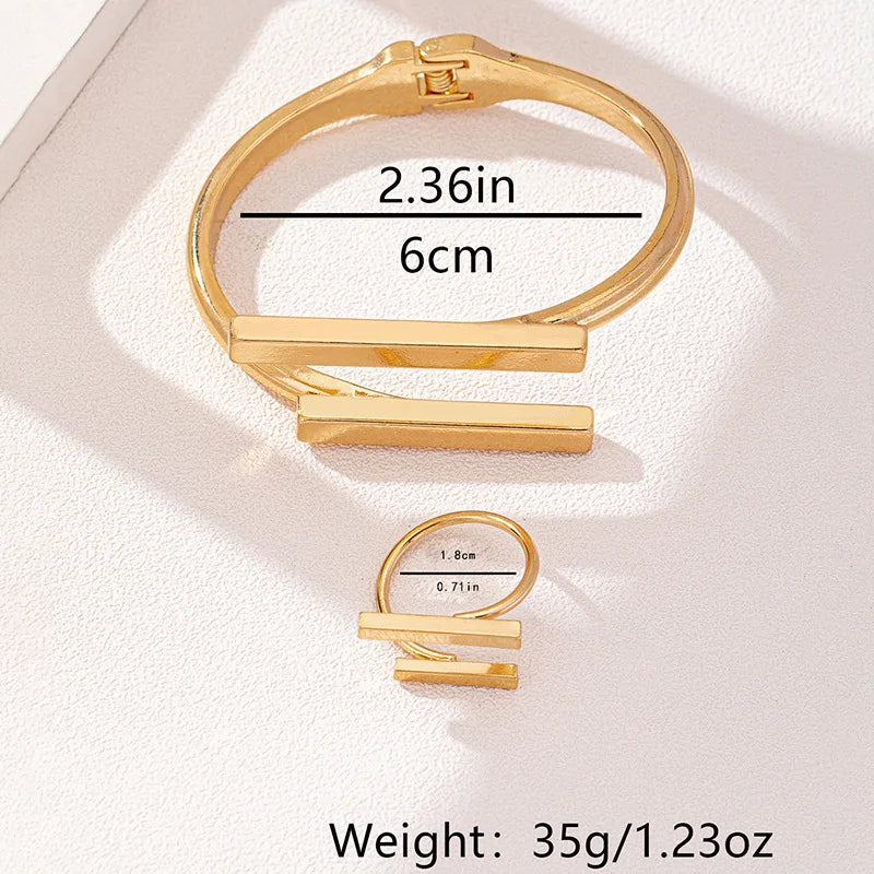 Geometric Bangle & Open Ring Set — Adjustable Gold Tone