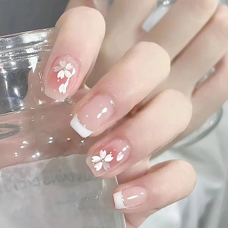 Press-On Nails 24pc — Short French Floral & Butterfly Set