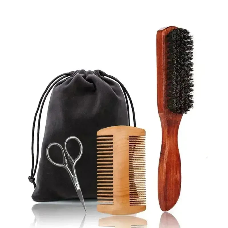 Beard Grooming Kit — Boar Bristle Brush, Comb & Gift Bag