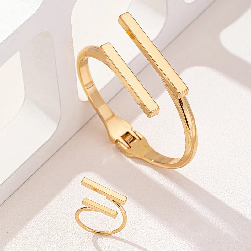 Geometric Bangle & Open Ring Set — Adjustable Gold Tone