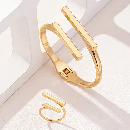 Geometric Bangle & Open Ring Set — Adjustable Gold Tone