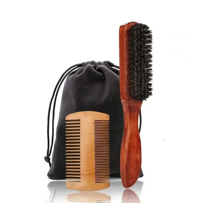 Beard Grooming Kit — Boar Bristle Brush, Comb & Gift Bag