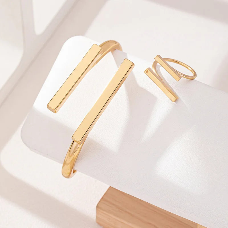 Geometric Bangle & Open Ring Set — Adjustable Gold Tone