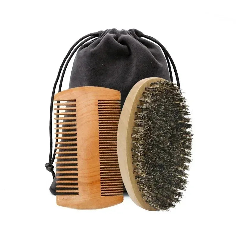 Beard Grooming Kit — Boar Bristle Brush, Comb & Gift Bag