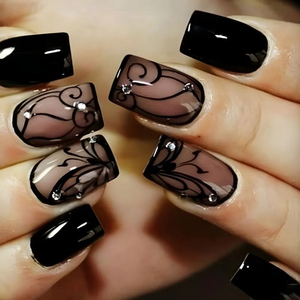 Press-On Nails 24pc — Short French Floral & Butterfly Set
