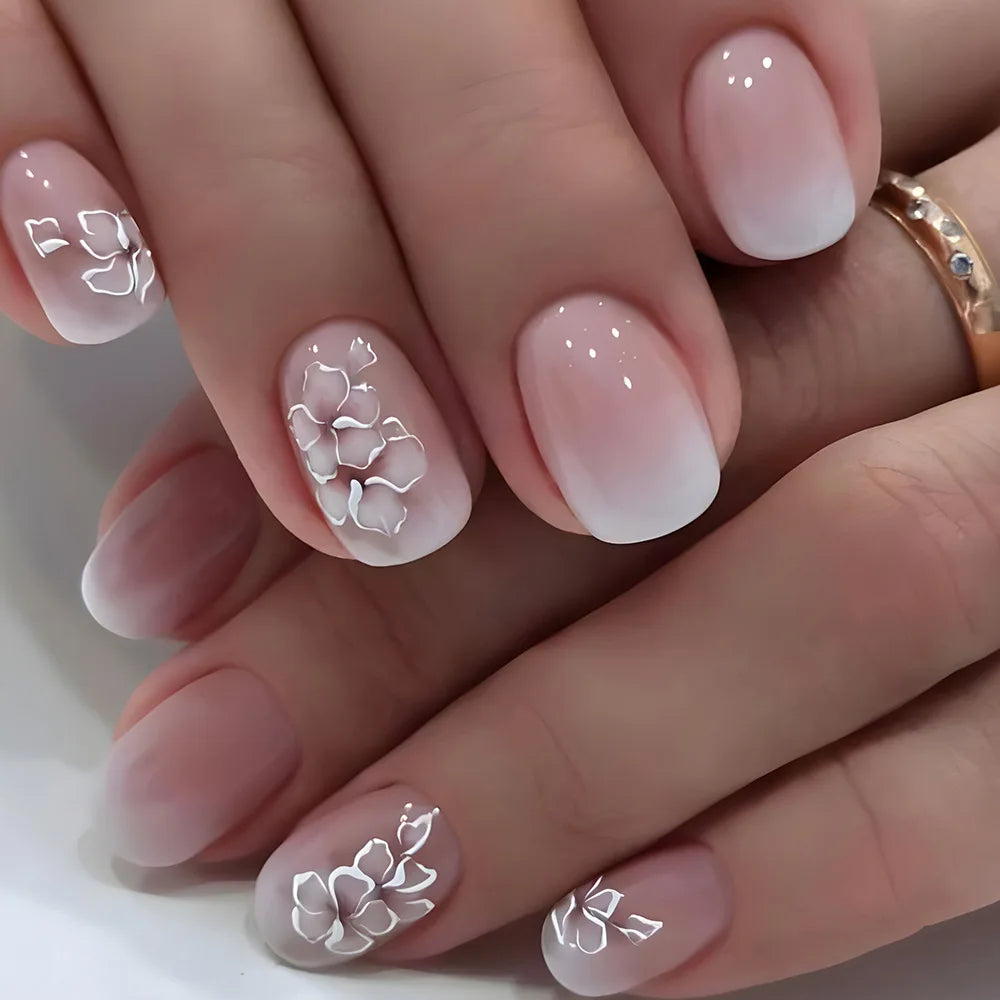 Press-On Nails 24pc — Short French Floral & Butterfly Set