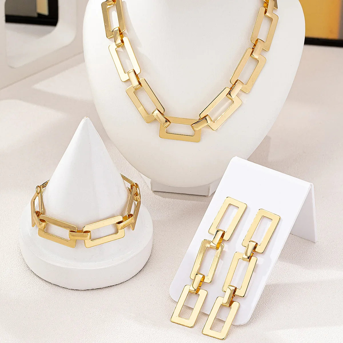 Geometric Bangle & Open Ring Set — Adjustable Gold Tone
