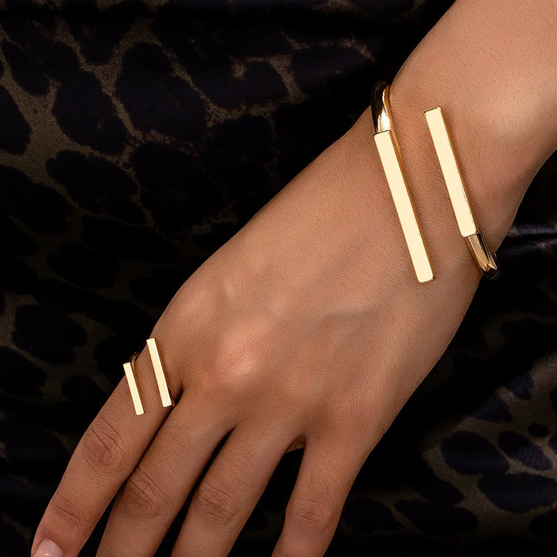 Geometric Bangle & Open Ring Set — Adjustable Gold Tone