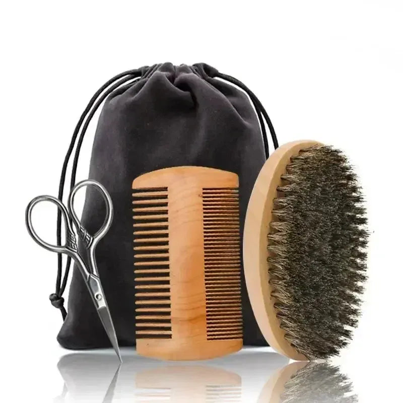 Beard Grooming Kit — Boar Bristle Brush, Comb & Gift Bag