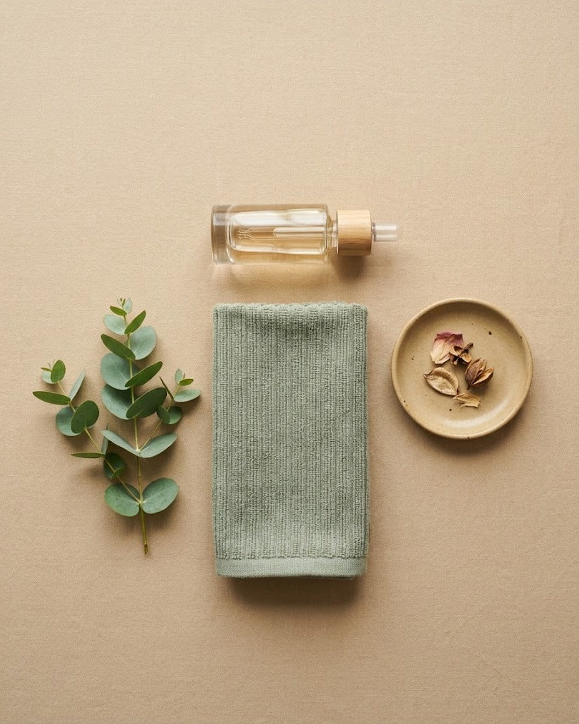 Overhead flatlay of clean-beauty essentials - dropper bottle, folded towel, eucalyptus - on warm sand tones