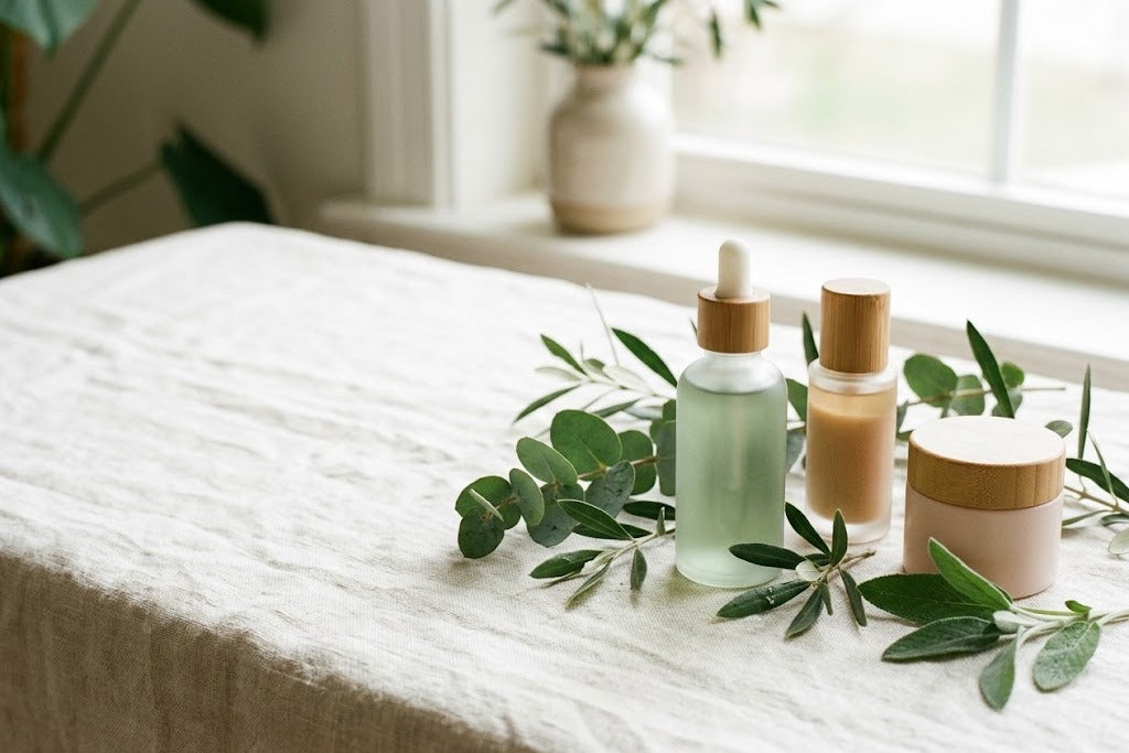 Clean-beauty still life of unbranded skincare bottles on ivory linen in soft natural light