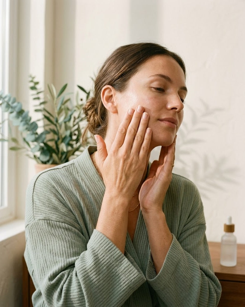Woman in a cream top applying facial serum in soft morning light, serene self-care ritual